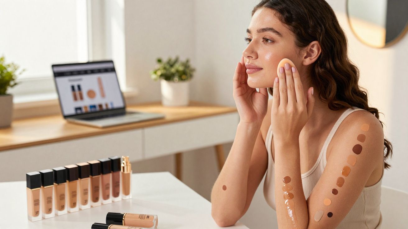 Mulher experimentando diferentes tons de base na pele exibindo diversidade de cores em ambiente claro.