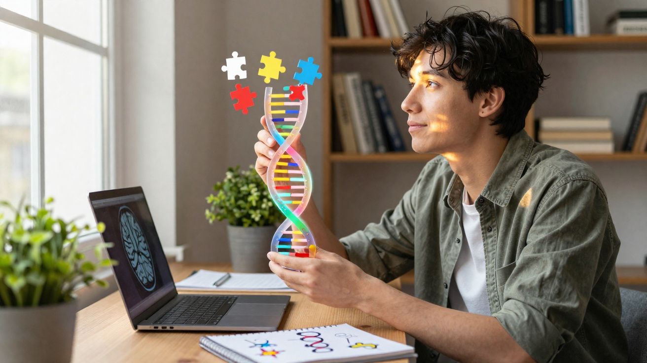 Jovem sentado à mesa segura modelo de DNA com peças de quebra-cabeça coloridas, com notebook e plantas ao redor.
