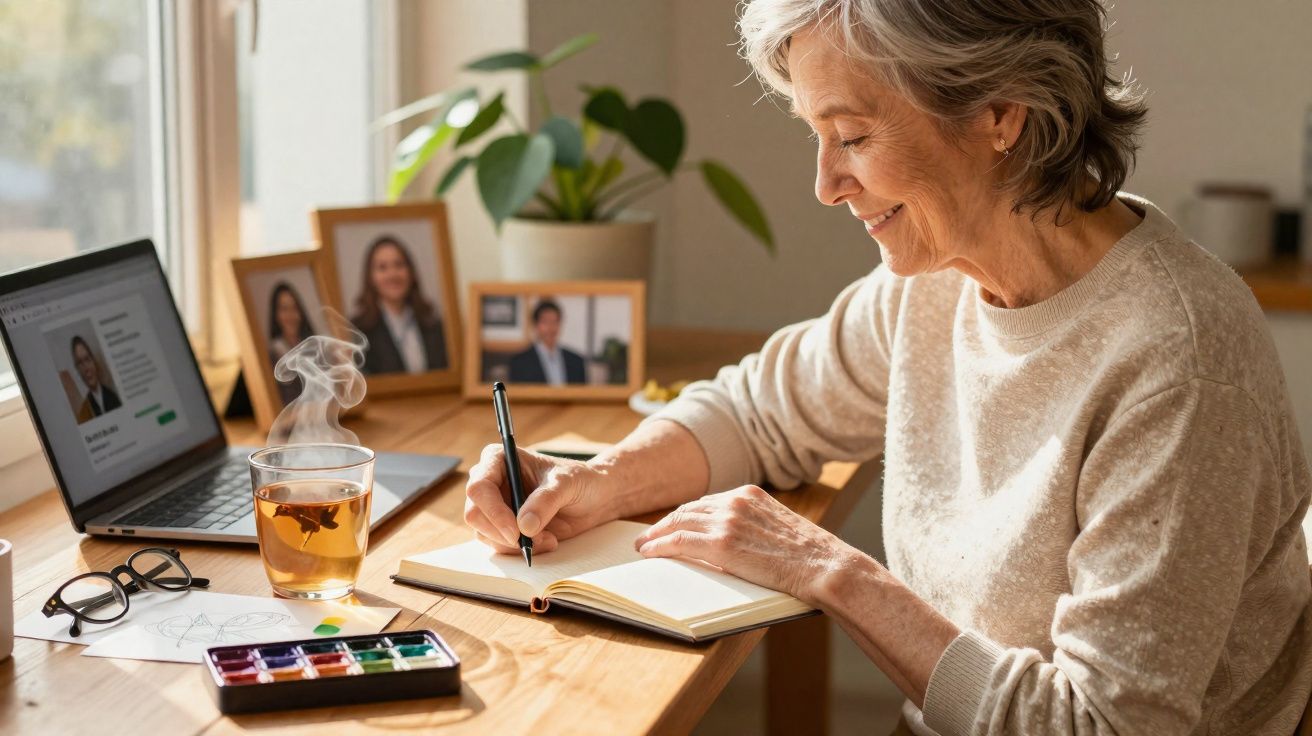 Mulher idosa sorridente escrevendo em caderno, com chá quente, óculos e laptop em mesa iluminada.