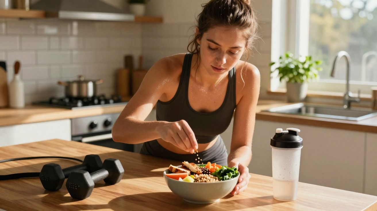 Mulher em roupa fitness temperando salada na cozinha, com halteres e garrafa de água ao lado.