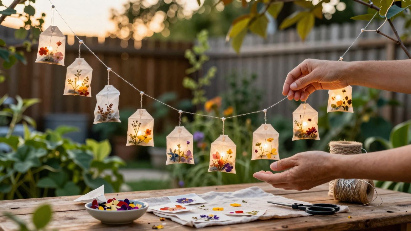 Guirlanda de luzes decorativas com pequenas lanternas de papel e flores secas sendo penduradas ao ar livre.