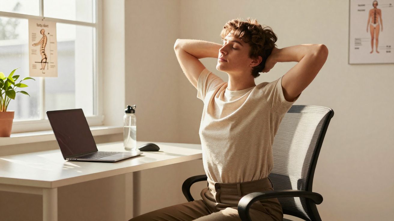 Pessoa sentada em cadeira de escritório, descansando com as mãos atrás da cabeça em ambiente iluminado.