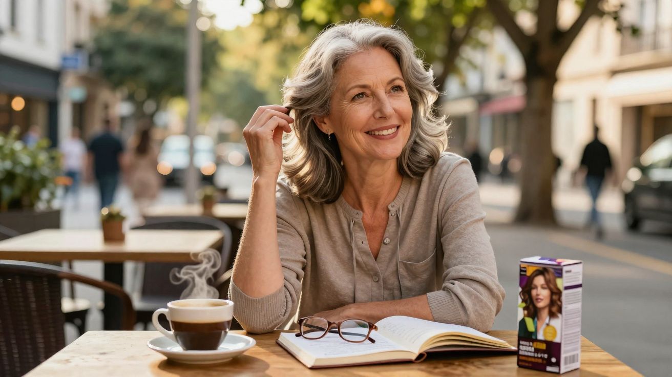 Mulher sorridente com cabelo grisalho sentado em cafeteria ao ar livre com livro e café fumegante na mesa.