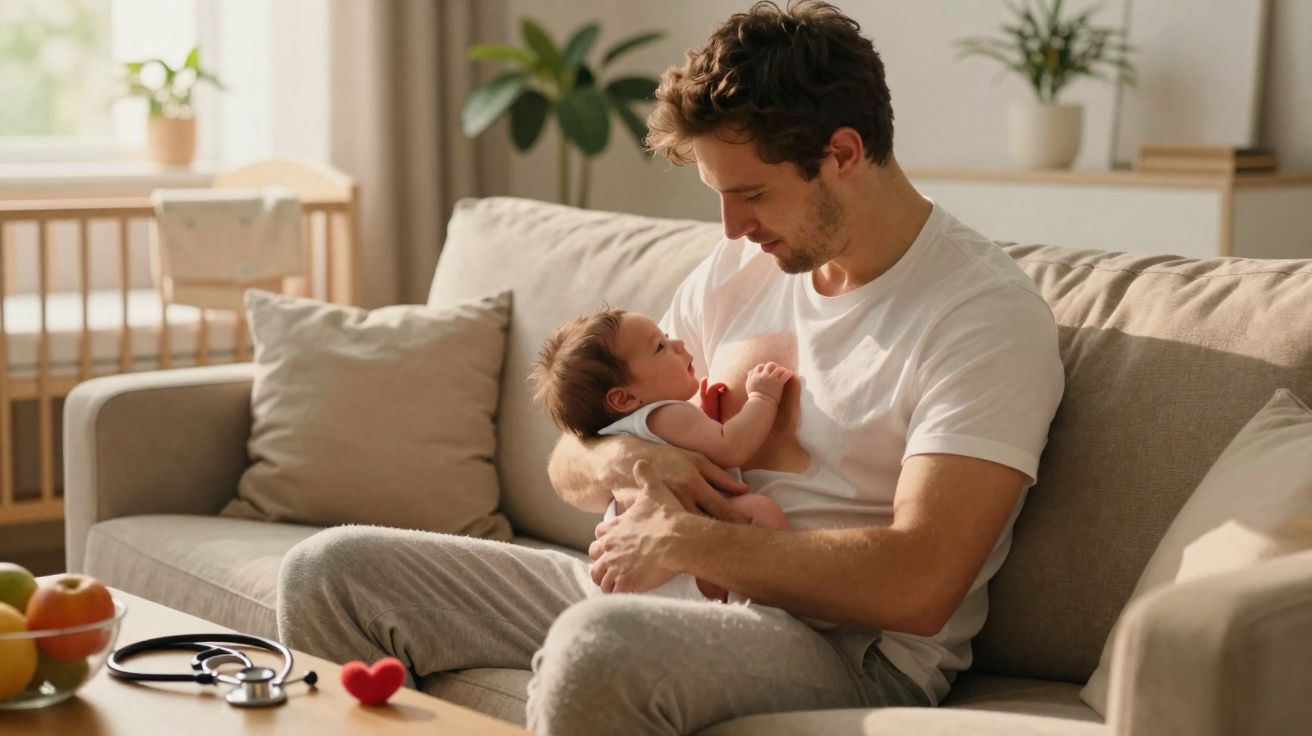Homem segurando e olhando carinhosamente para bebê no colo, sentado em sofá em ambiente acolhedor.
