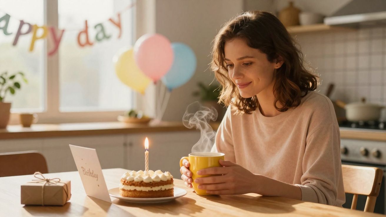 Mulher sorrindo segurando caneca amarela em aniversário com bolo, vela e presentes na cozinha.