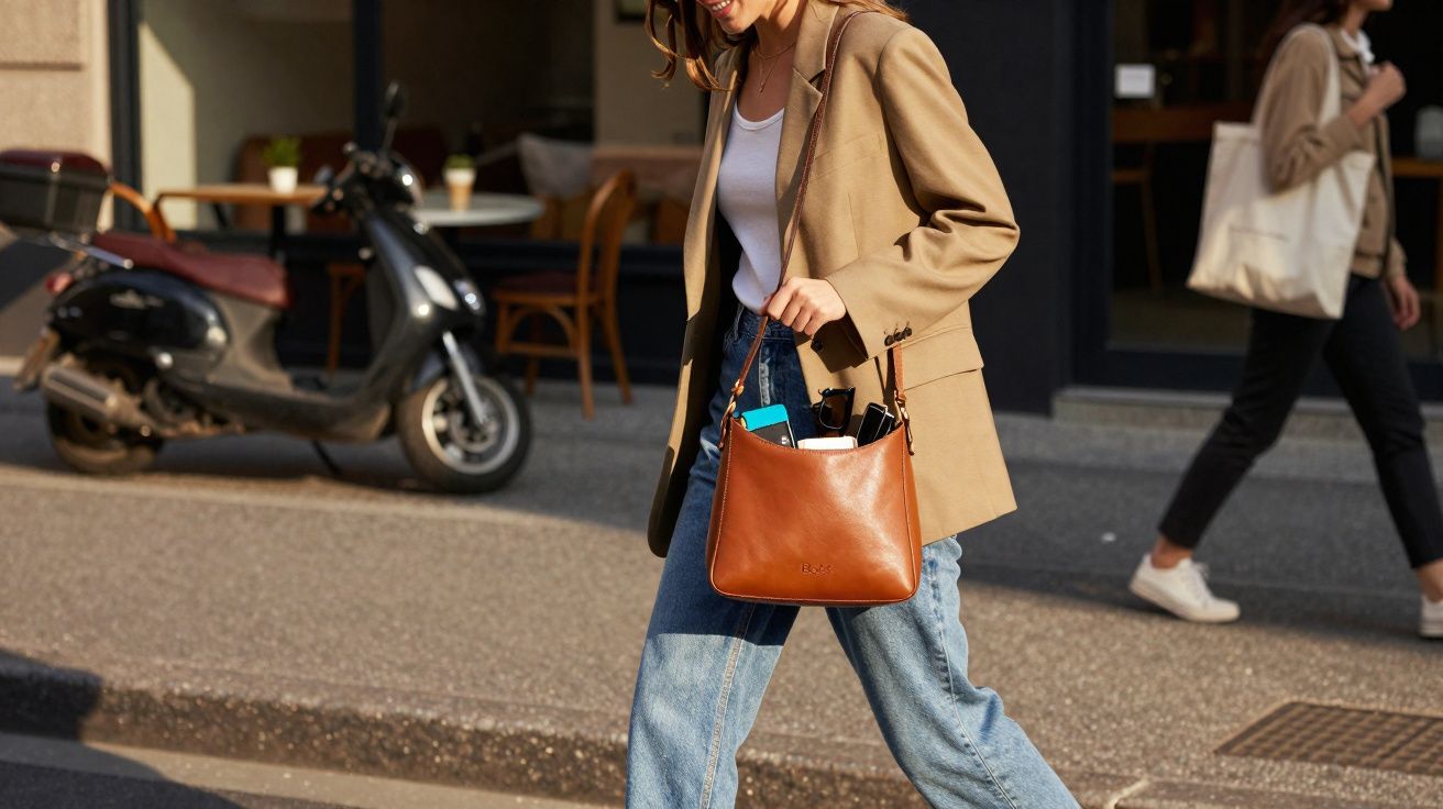 Mulher caminhando na rua com jaqueta bege, calça jeans e bolsa marrom aberta mostrando objetos dentro.