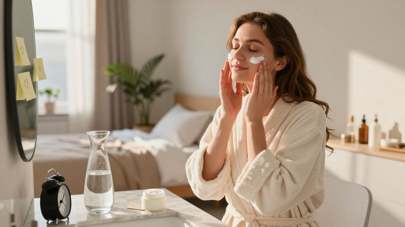 Mulher em roupão branco aplicando creme facial sentada à mesa em quarto iluminado pela manhã.