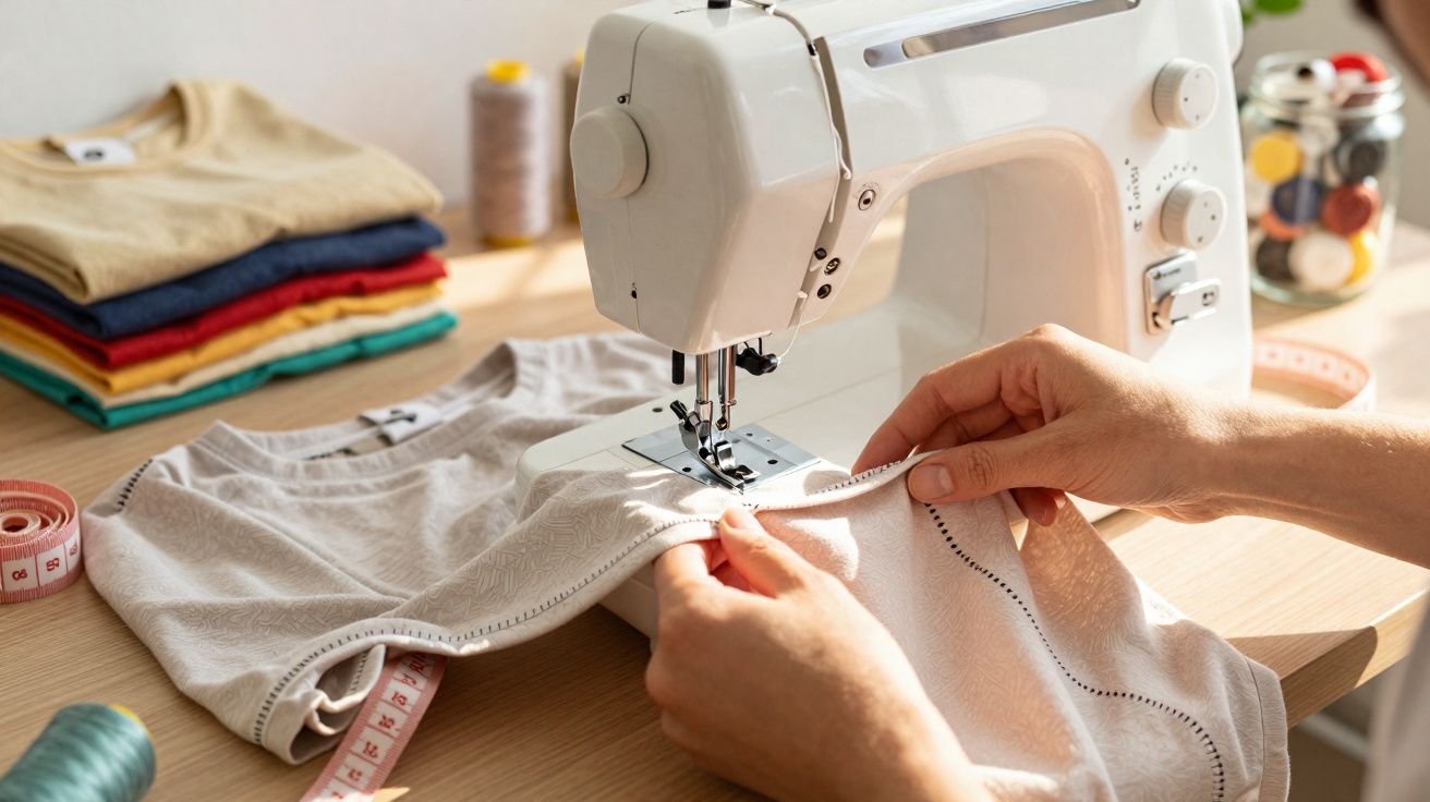 Pessoa costurando camiseta branca em máquina de costura sobre mesa com tecidos e ferramentas.
