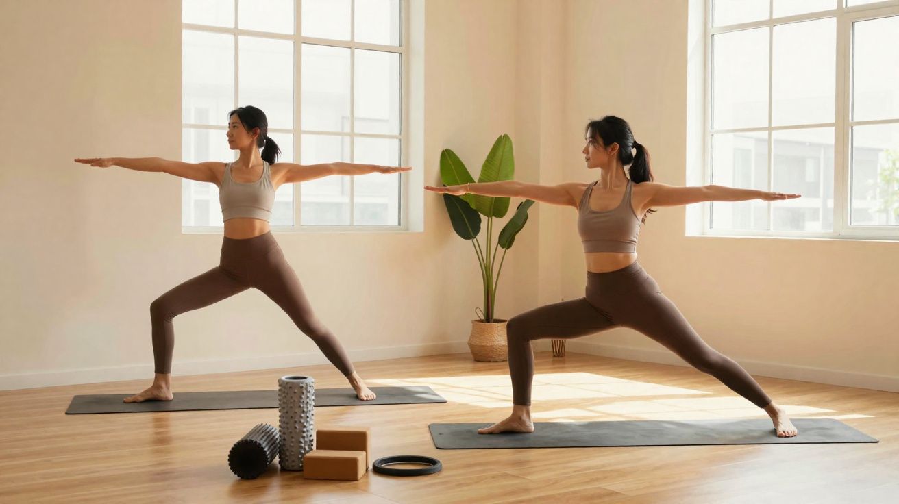Duas mulheres praticando yoga em posição de guerreiro em estúdio com luz natural e acessórios de yoga.