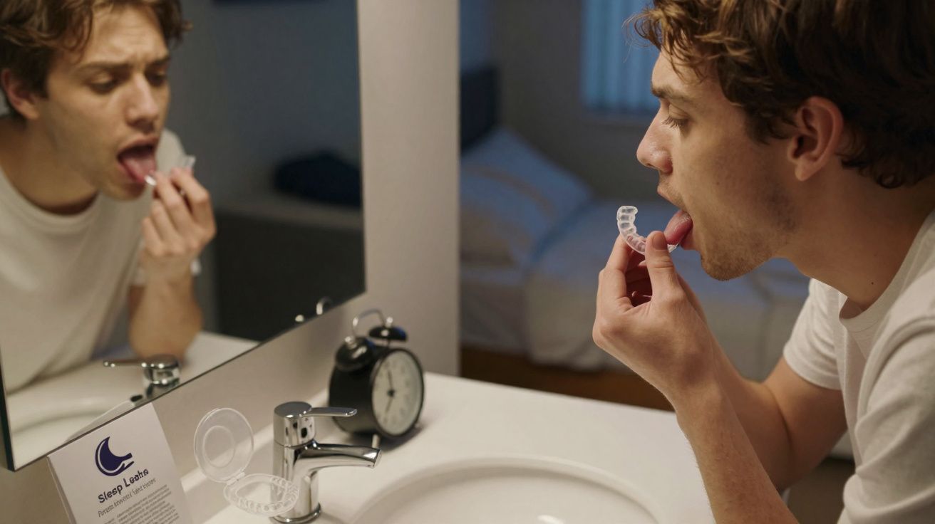 Homem tirando aparelho dental transparente em frente ao espelho no banheiro durante a noite.