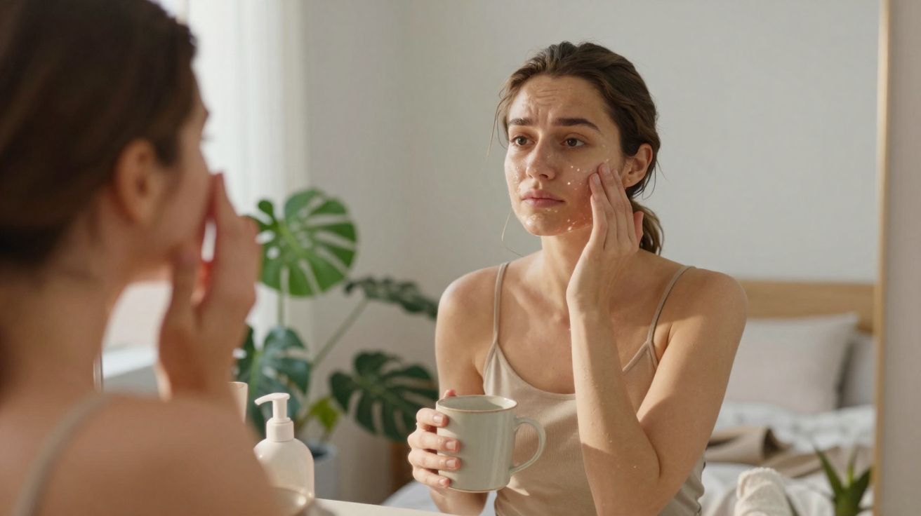 Mulher aplicando creme facial ao se olhar no espelho de banheiro com planta ao fundo.