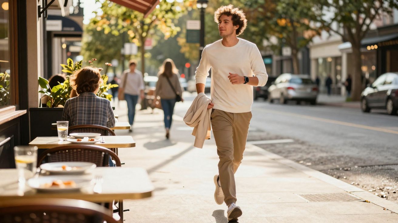Homem jovem caminhando pela calçada de rua movimentada com pessoas e mesas ao ar livre.