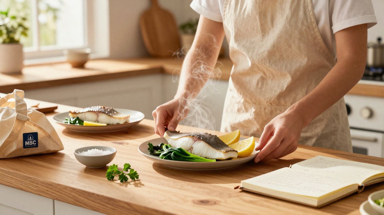 Pessoa servindo prato com peixe grelhado, legumes e limão em cozinha iluminada e organizada.