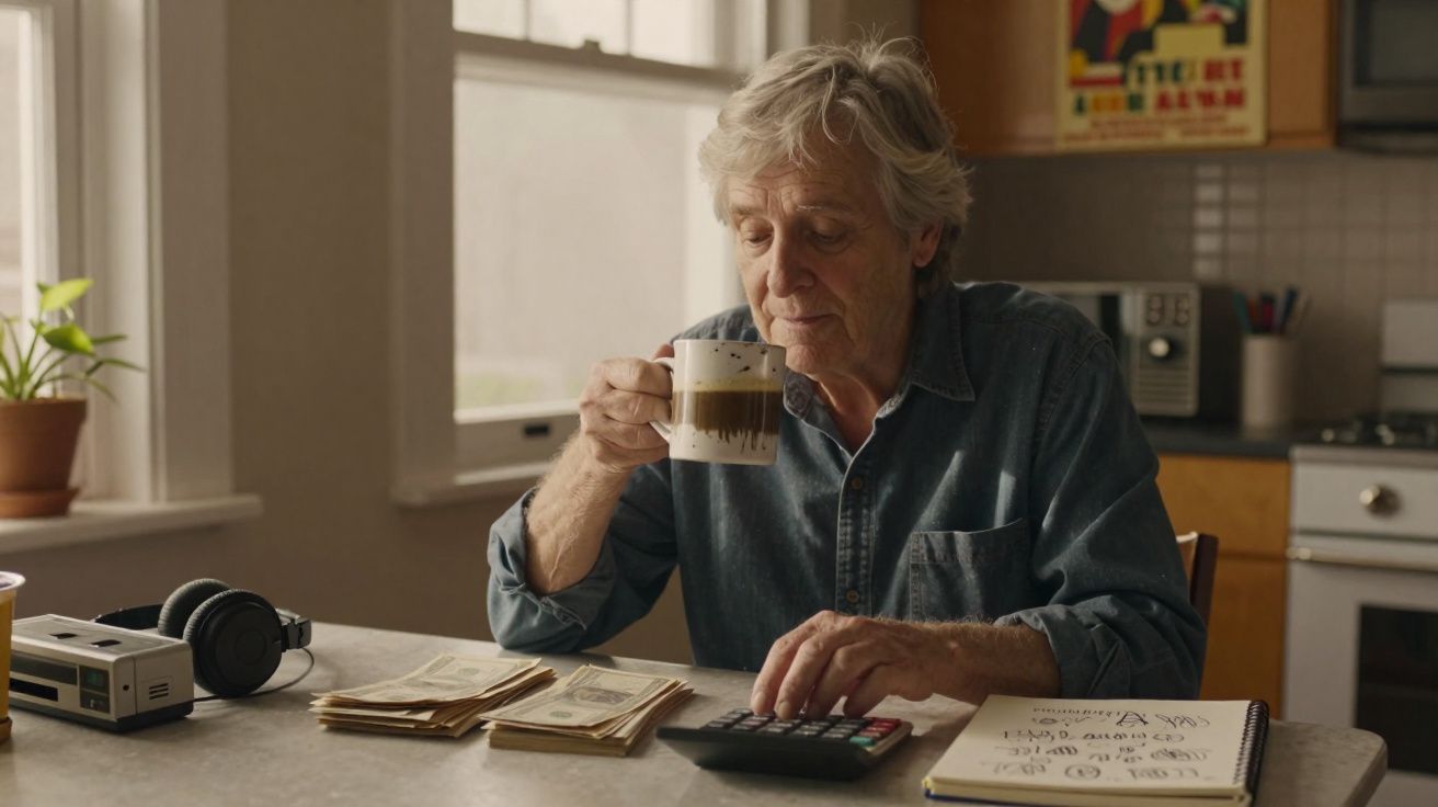 Homem idoso sentado à mesa, segurando xícara de café e usando calculadora com dinheiro e anotações ao redor.