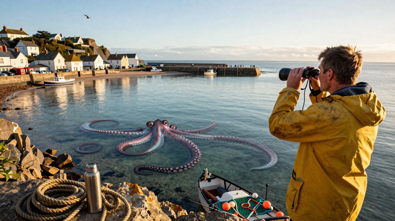 Homem observa polvo gigante na água de um porto com binóculos em uma manhã ensolarada.