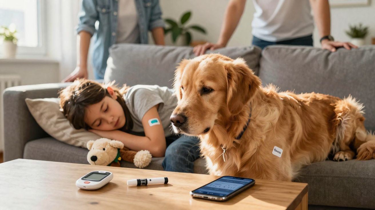 Criança descansando no sofá com adesivo no braço, cachorro dourado próximo e monitor de glicose na mesa.