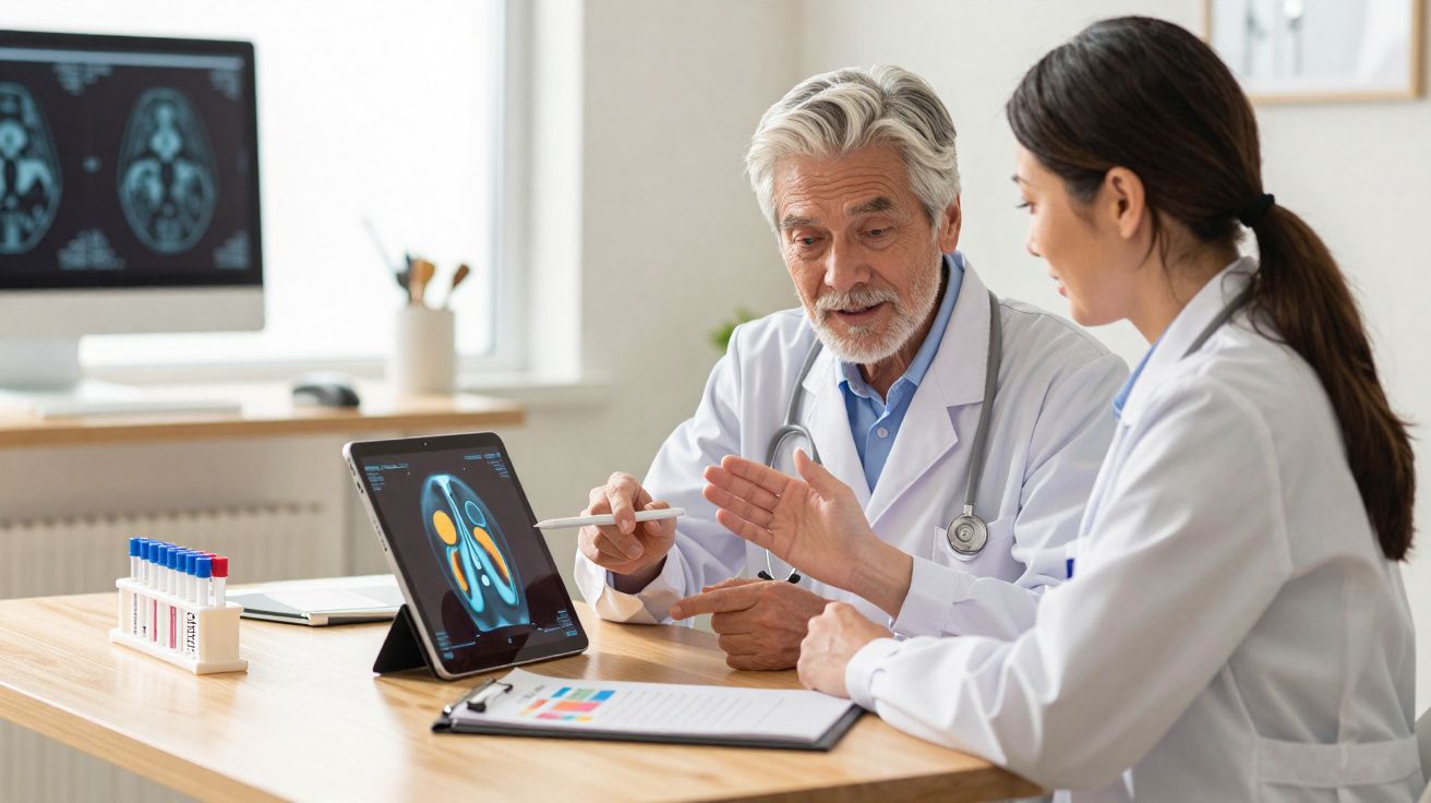 Dois médicos discutindo exames médicos mostrados em tablet em ambiente clínico iluminado.