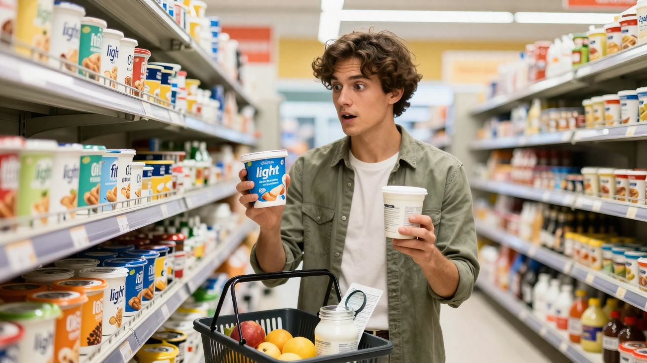 Jovem com cesta faz escolha entre potes de iogurte na gôndola do supermercado.