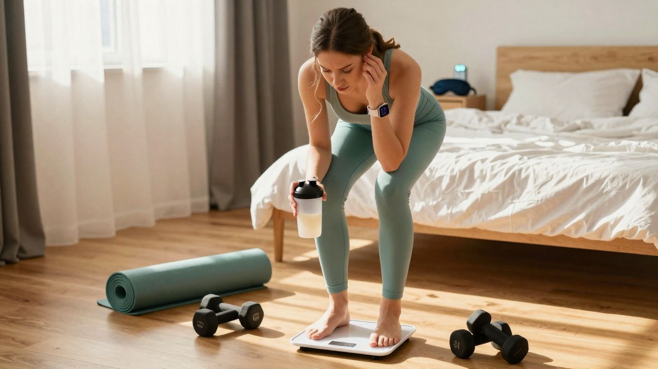 Mulher vestindo roupa de treino verde checa peso na balança no quarto ao lado de halteres e tapete de yoga.