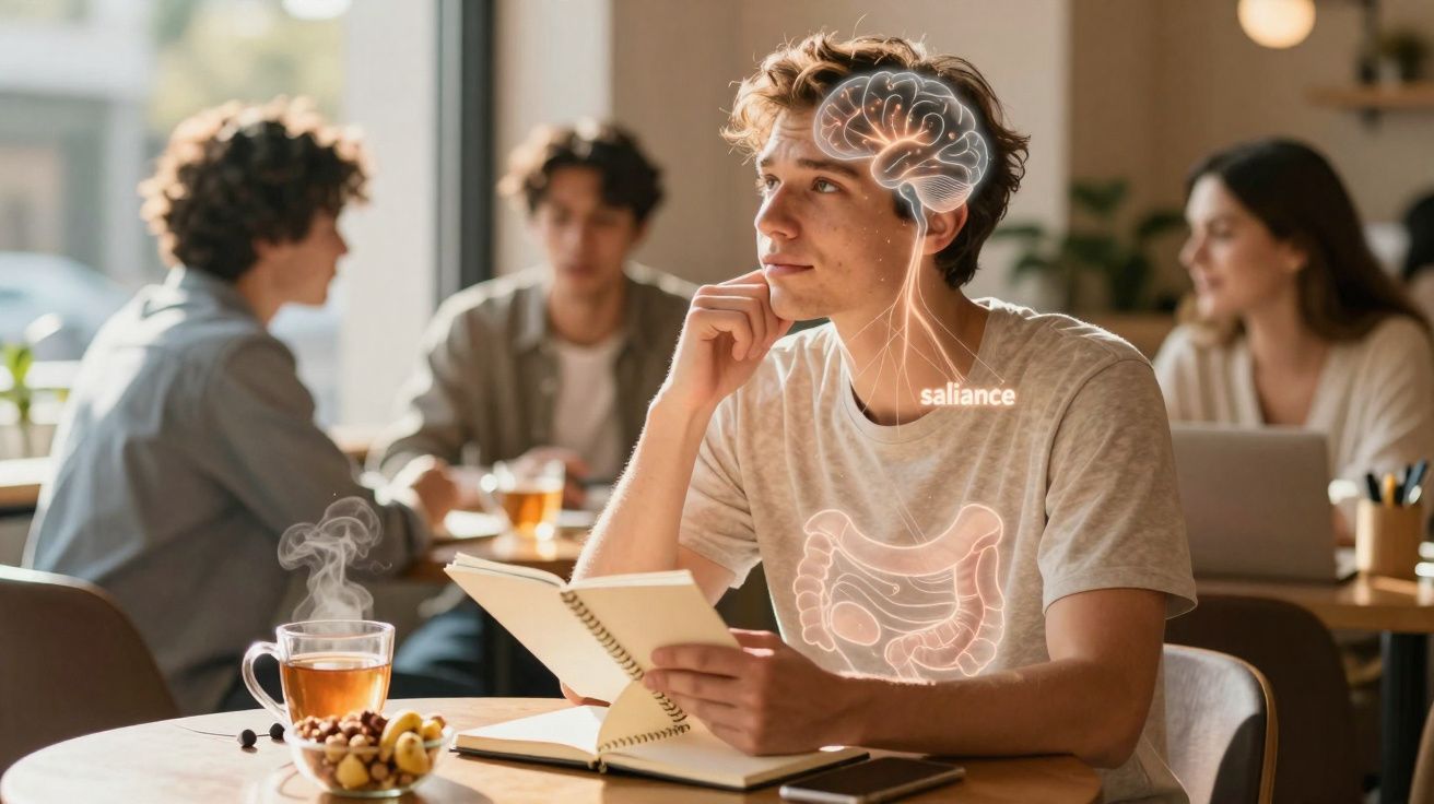 Jovem pensativo em café com ilustrações digitais do cérebro e intestinos, simbolizando conexão mente-intestino.