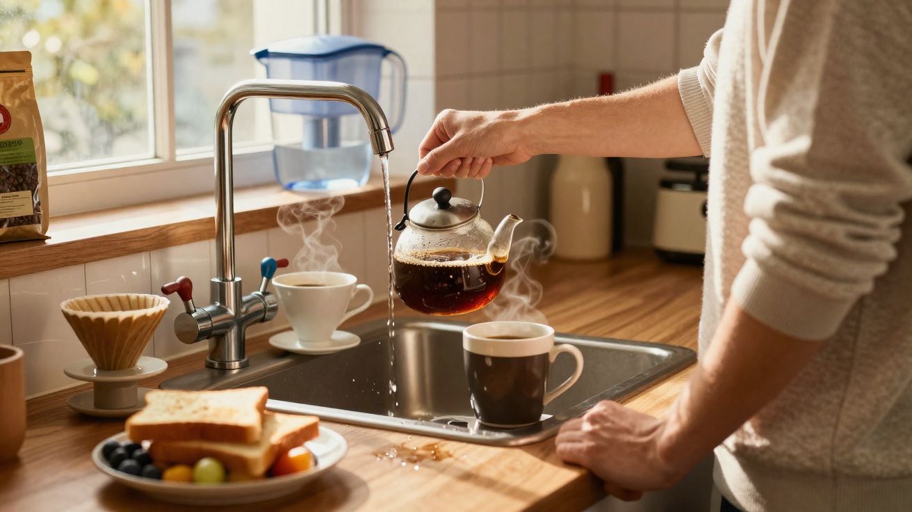 Pessoa servindo chá quente em xícara na pia da cozinha com torradas e frutas na bancada.