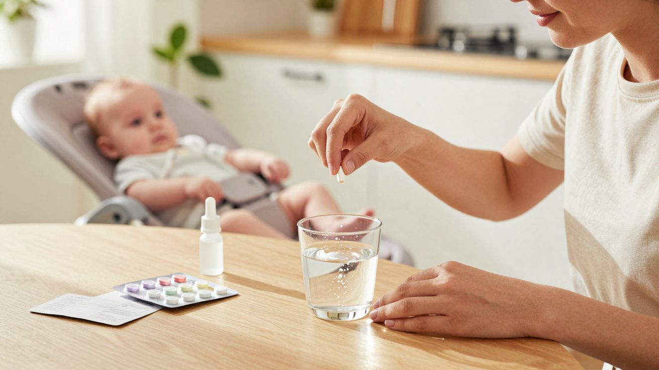 Mãe colocando comprimido efervescente em copo de água com bebê no bebê conforto ao fundo.