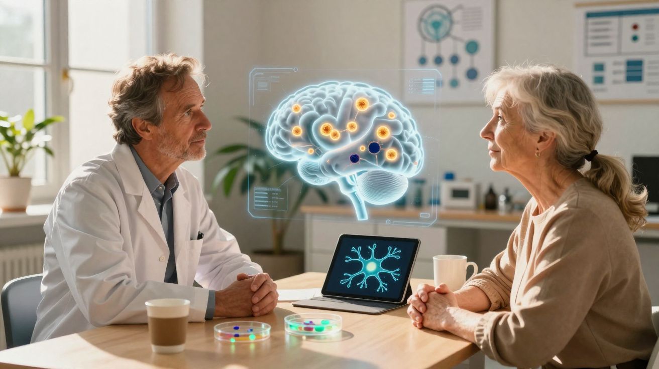 Médico conversando com paciente idosa em consultório com holograma do cérebro e tablet exibindo neurônio.