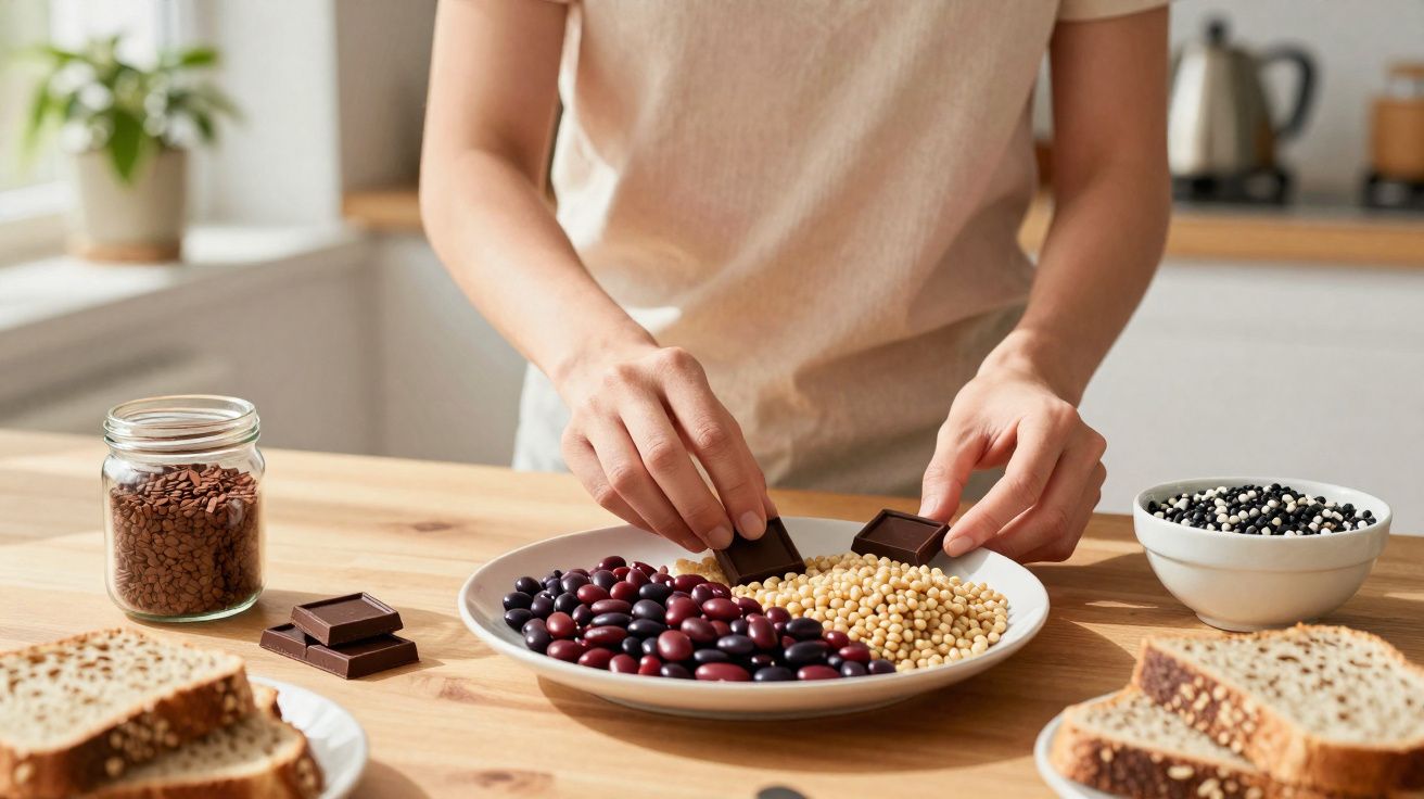 Pessoa segurando pedaços de chocolate sobre prato com feijão vermelho, soja e feijão preto ao lado de pão fatiado.