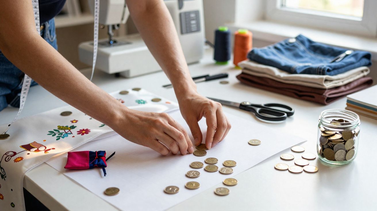 Pessoa organizando moedas em uma mesa com tecidos, tesoura, máquina de costura e novelo de linha ao fundo.