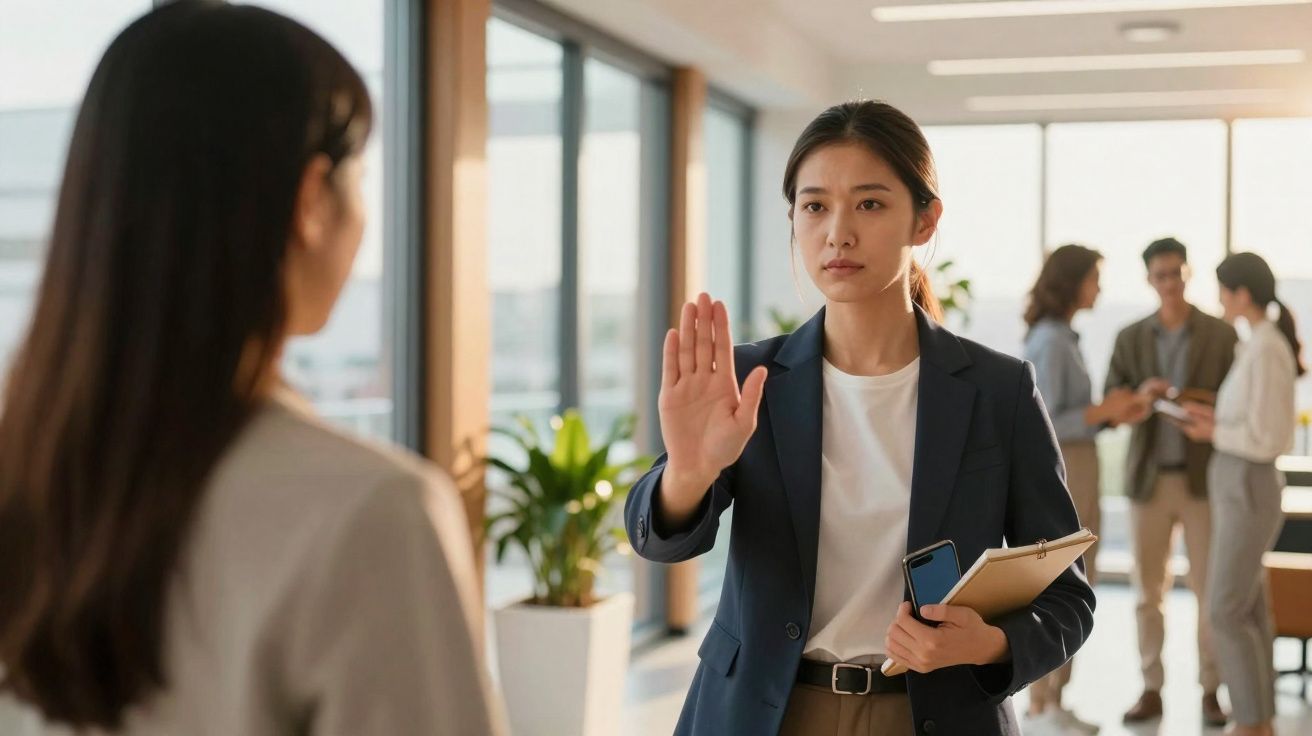 Mulher de negócios segura celular e está com a mão estendida sinalizando pare em escritório moderno.