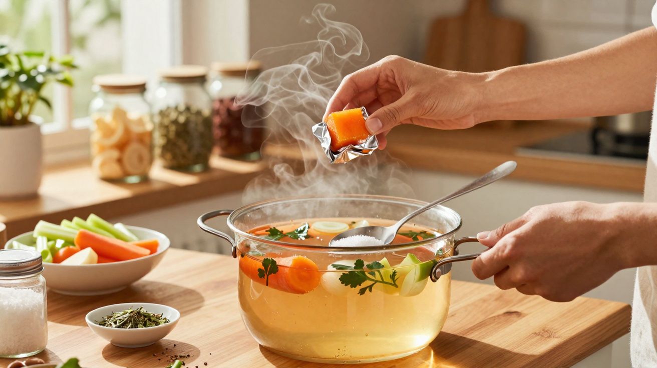 Pessoa adiciona caldo a panela com sopa de legumes frescos em cozinha iluminada.