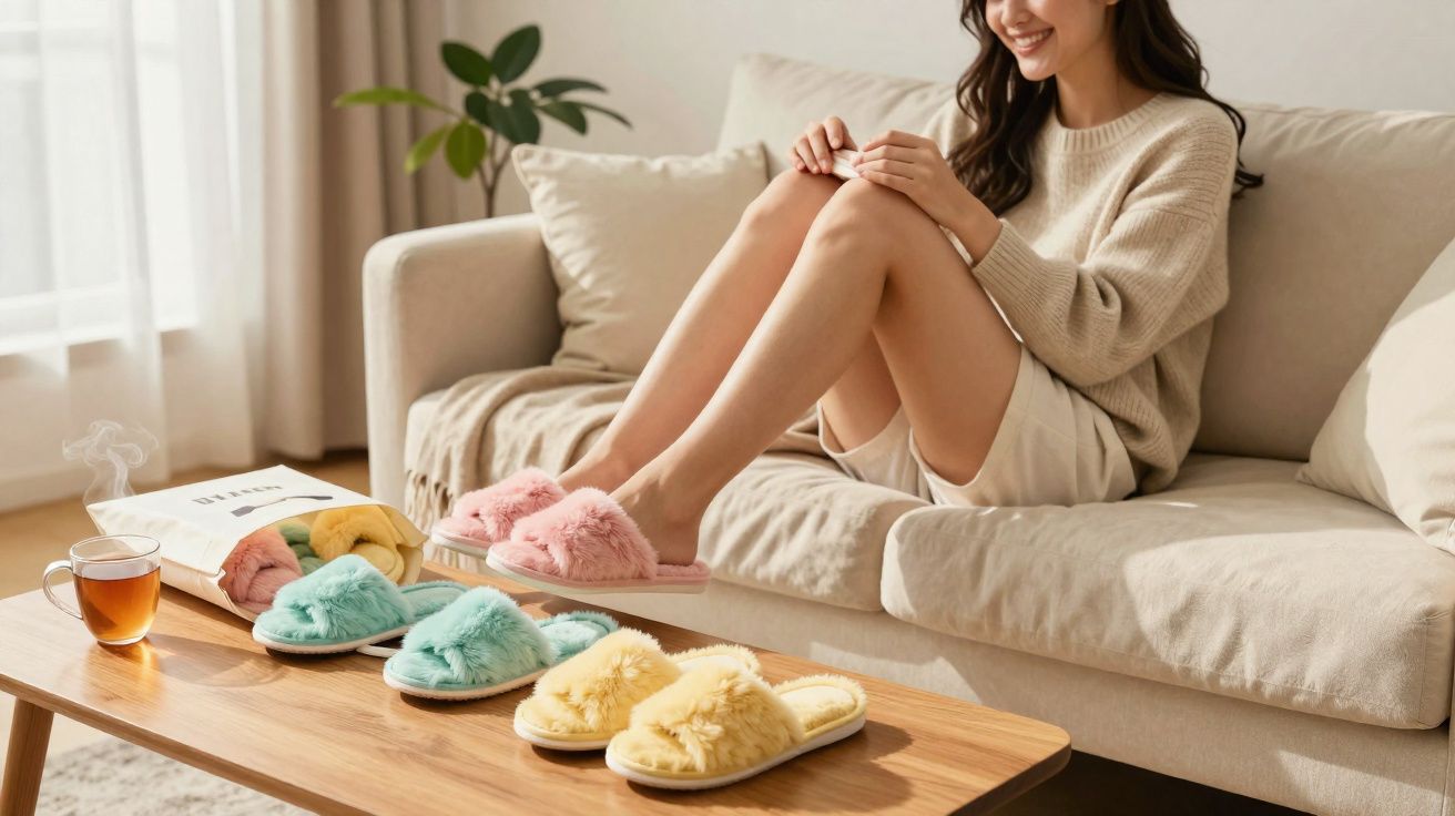 Mulher sentada no sofá com chinelos felpudos coloridos em uma mesa de madeira à frente.