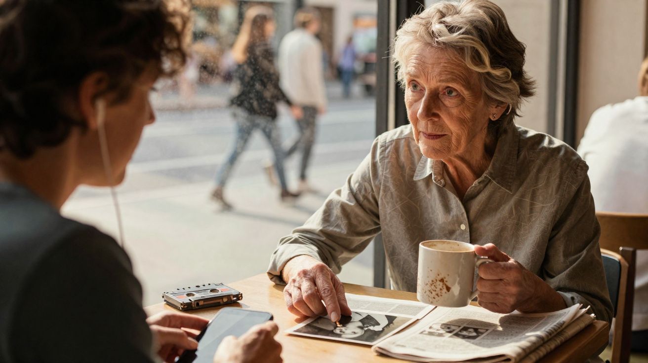 Mulher idosa segurando caneca conversa com jovem sentada à mesa em cafeteria com fotos e jornal.