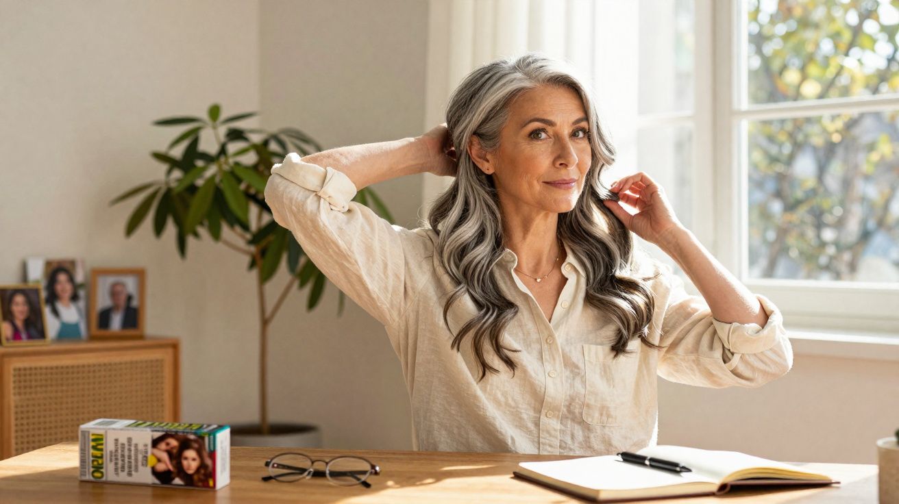 Mulher sorridente de cabelos grisalhos sentada à mesa, ajeitando o cabelo em ambiente iluminado.