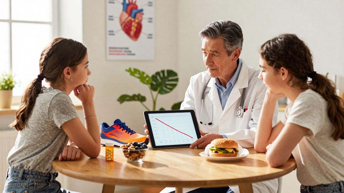 Médico mostrando gráfico para duas adolescentes sentadas à mesa com alimentos e tênis esportivo.