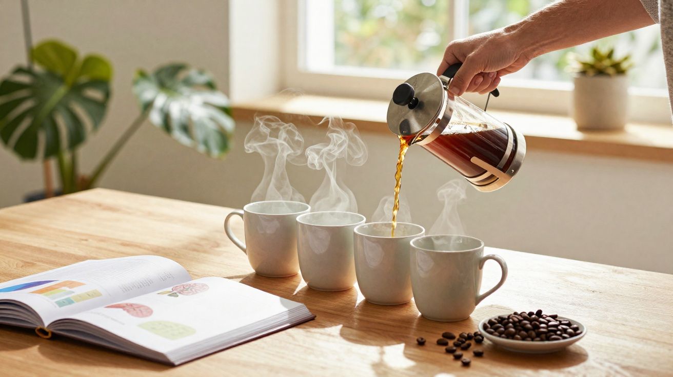 Pessoa servindo café quente em quatro xícaras brancas sobre mesa com livro aberto e luz natural.