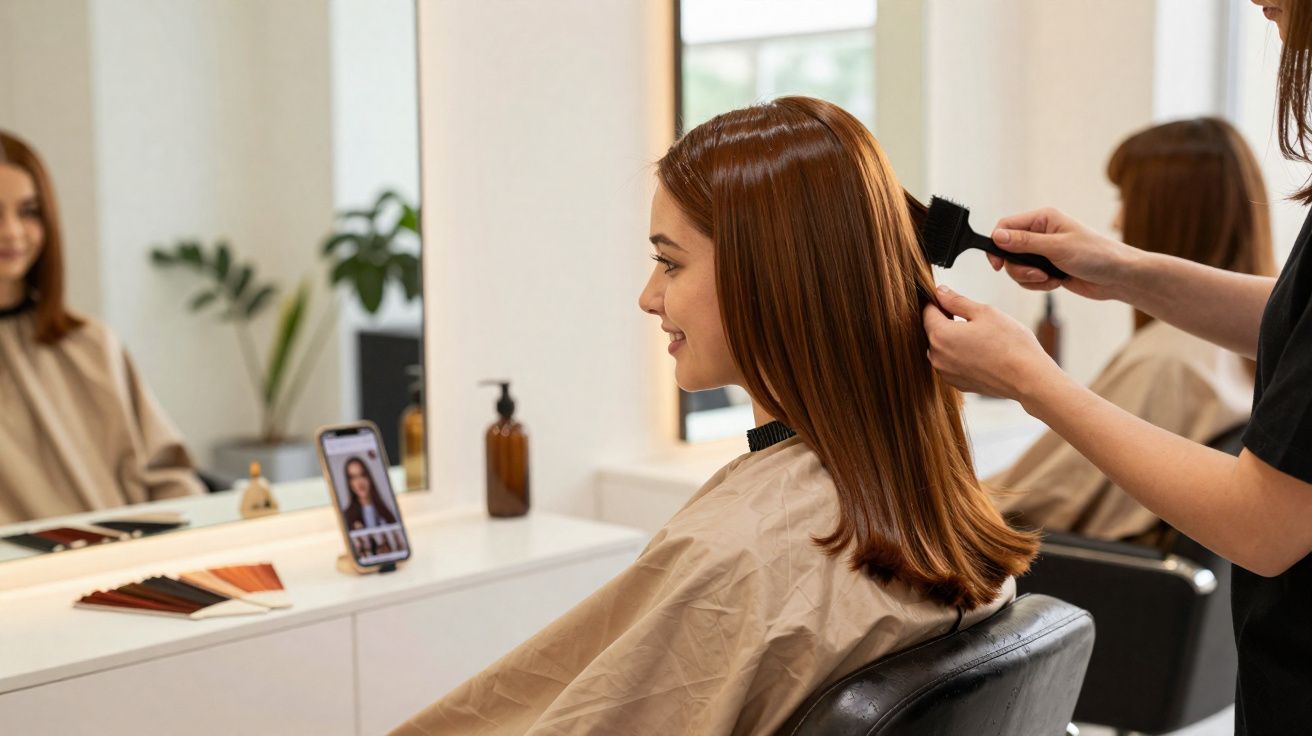 Mulher ruiva sorrindo sentada em salão de beleza enquanto cabeleireiro escova seu cabelo.