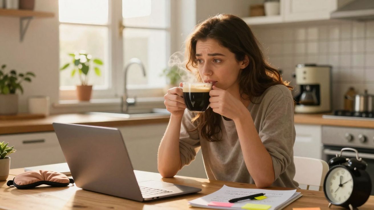 Mulher preocupada tomando café na cozinha enquanto olha para o laptop e revisa anotações em papel.