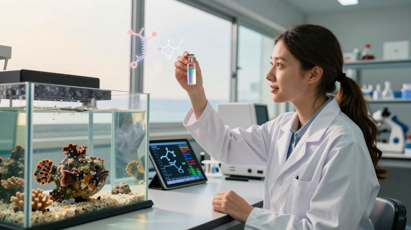 Mulher cientista em laboratório segurando frasco com líquido colorido perto de aquário com peixe e corais.