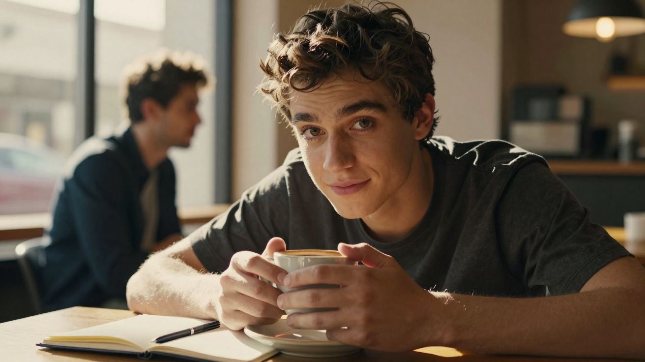Jovem segurando xícara de café e olhando para a câmera em cafeteria iluminada, com caderno e caneta na mesa.