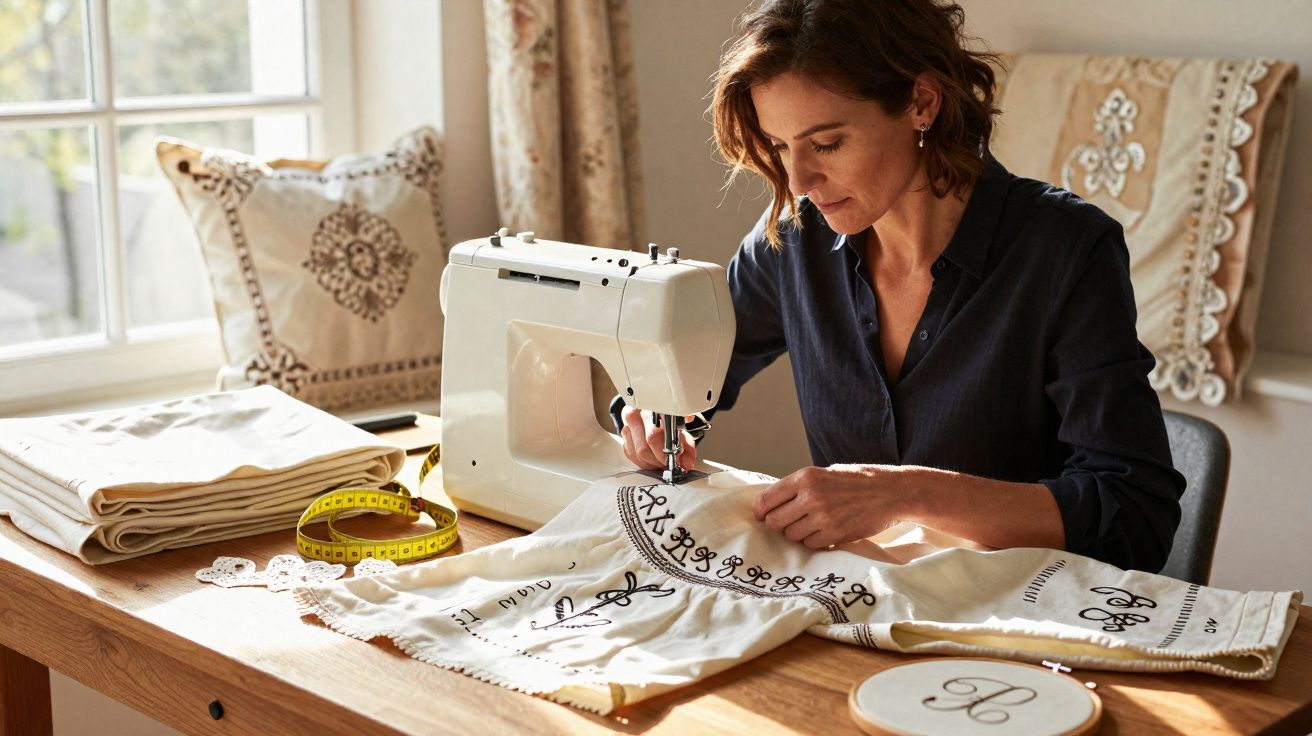 Mulher usando máquina de costura para bordar tecido branco com desenhos pretos em mesa de madeira.