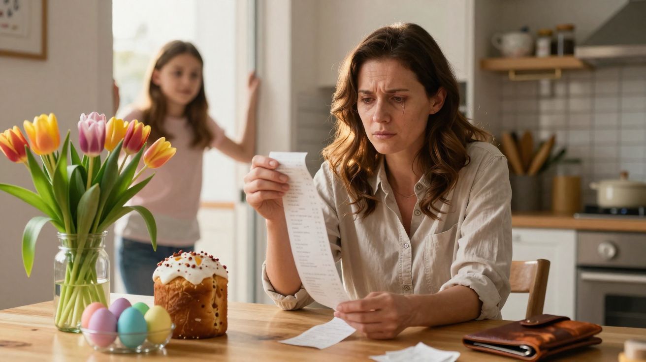 Mulher preocupada olhando uma longa conta sentada à mesa da cozinha, com flores e itens de Páscoa.