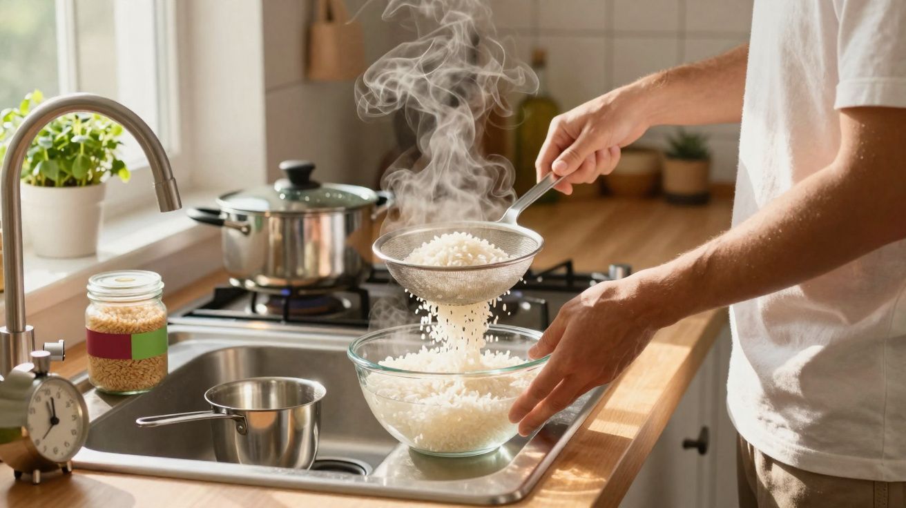 Pessoa escorrendo arroz recém-cozido em uma peneira sobre uma tigela de vidro na cozinha.