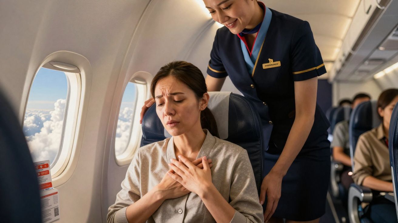 Mulher com dor no peito recebe ajuda de comissária em avião durante voo.