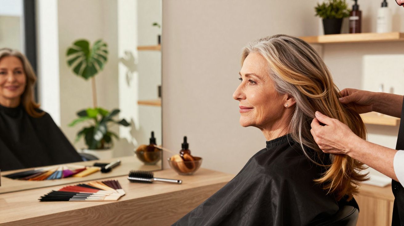 Mulher madura no salão de beleza tendo o cabelo cuidado e analisando o resultado no espelho.