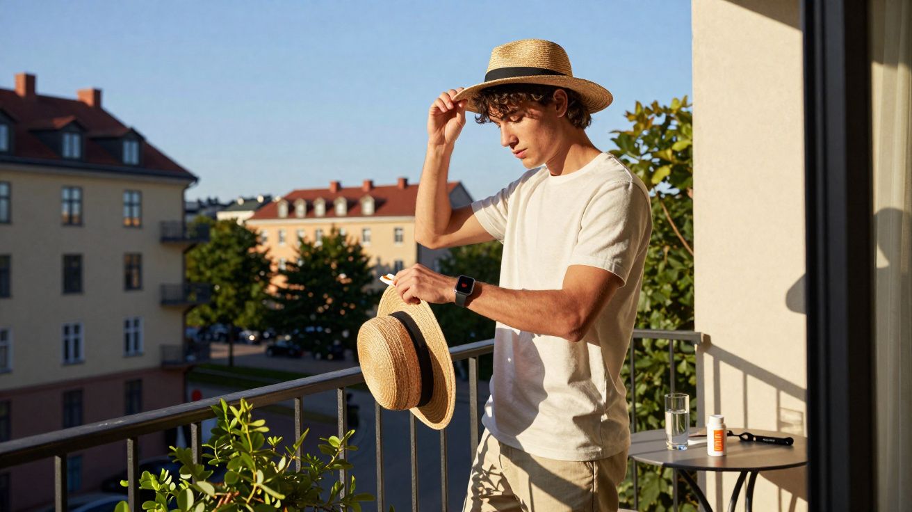 Jovem em camiseta branca experimenta chapéu de palha na sacada de apartamento ensolarado.