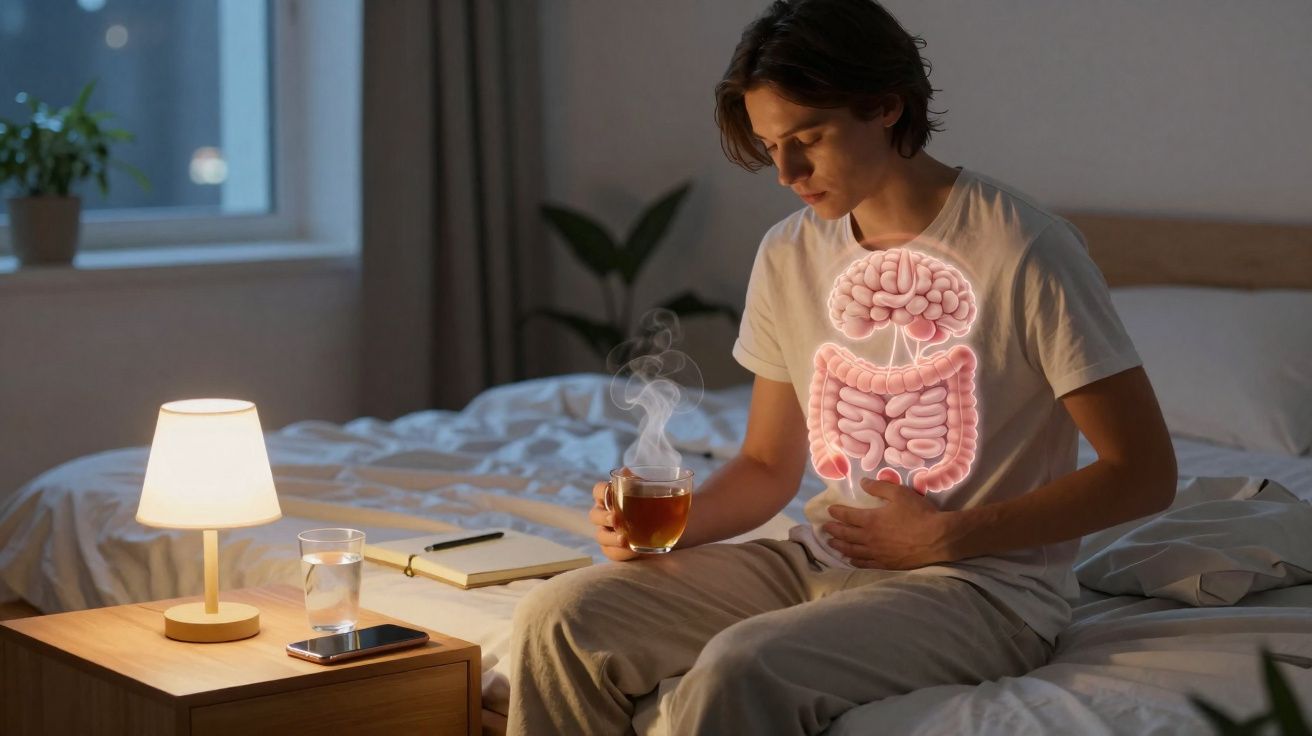 Homem sentado na cama com expressão de dor abdominal segura uma xícara de chá quente à noite.