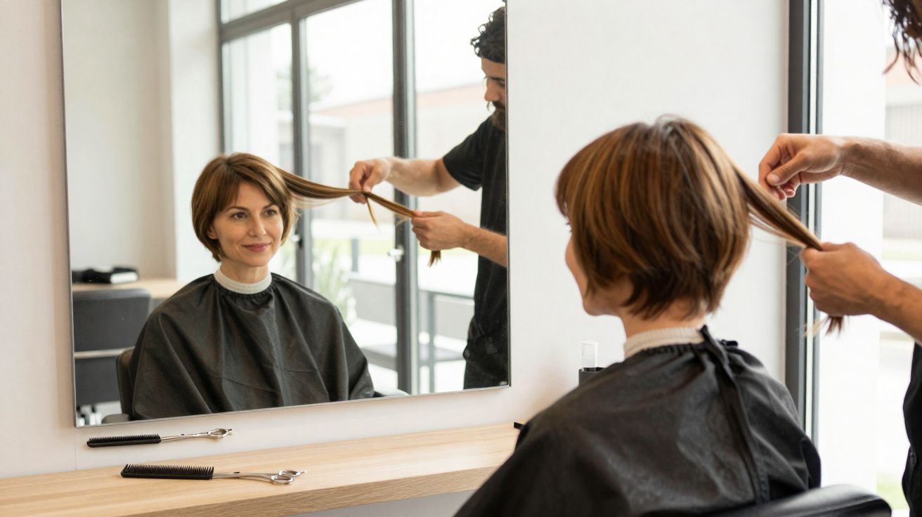 Mulher sorrindo enquanto cortar cabelo em salão, vista pelo espelho, com profissionais ao fundo.