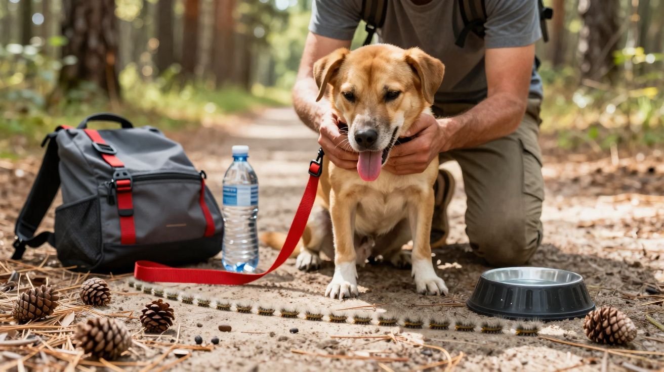 Homem agachado segurando cachorro com coleira vermelha em trilha na floresta ao lado de mochila e bebedouro.