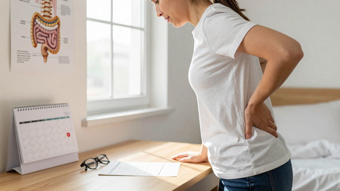 Mulher segurando a lombar em sinal de dor, apoiada em mesa próxima a janela iluminada.